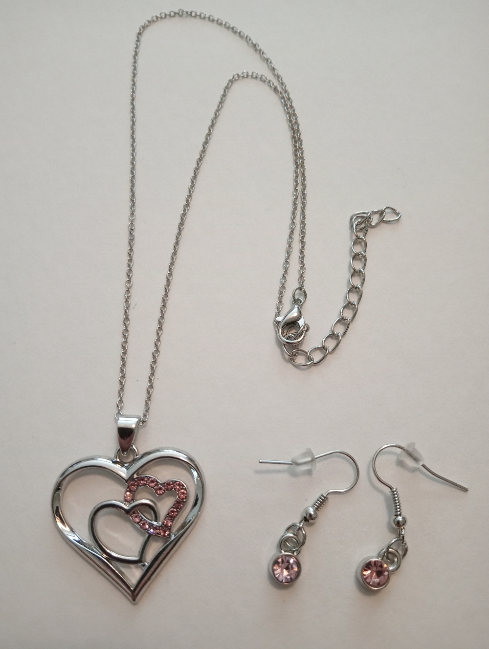 #1166.  Silver Toned, Tripple Heart, With Pink Rhinestones & Matching Earrings